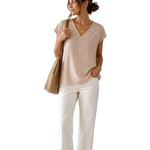 Madewell Striped V-Neck Button Back Top Size M‎ Beige White
